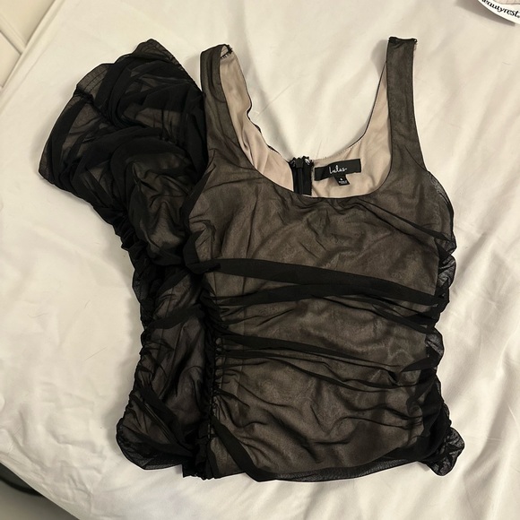 Lulu's Black and Beige Mesh Ruched Bodycon Midi Dress - Picture 4 of 4